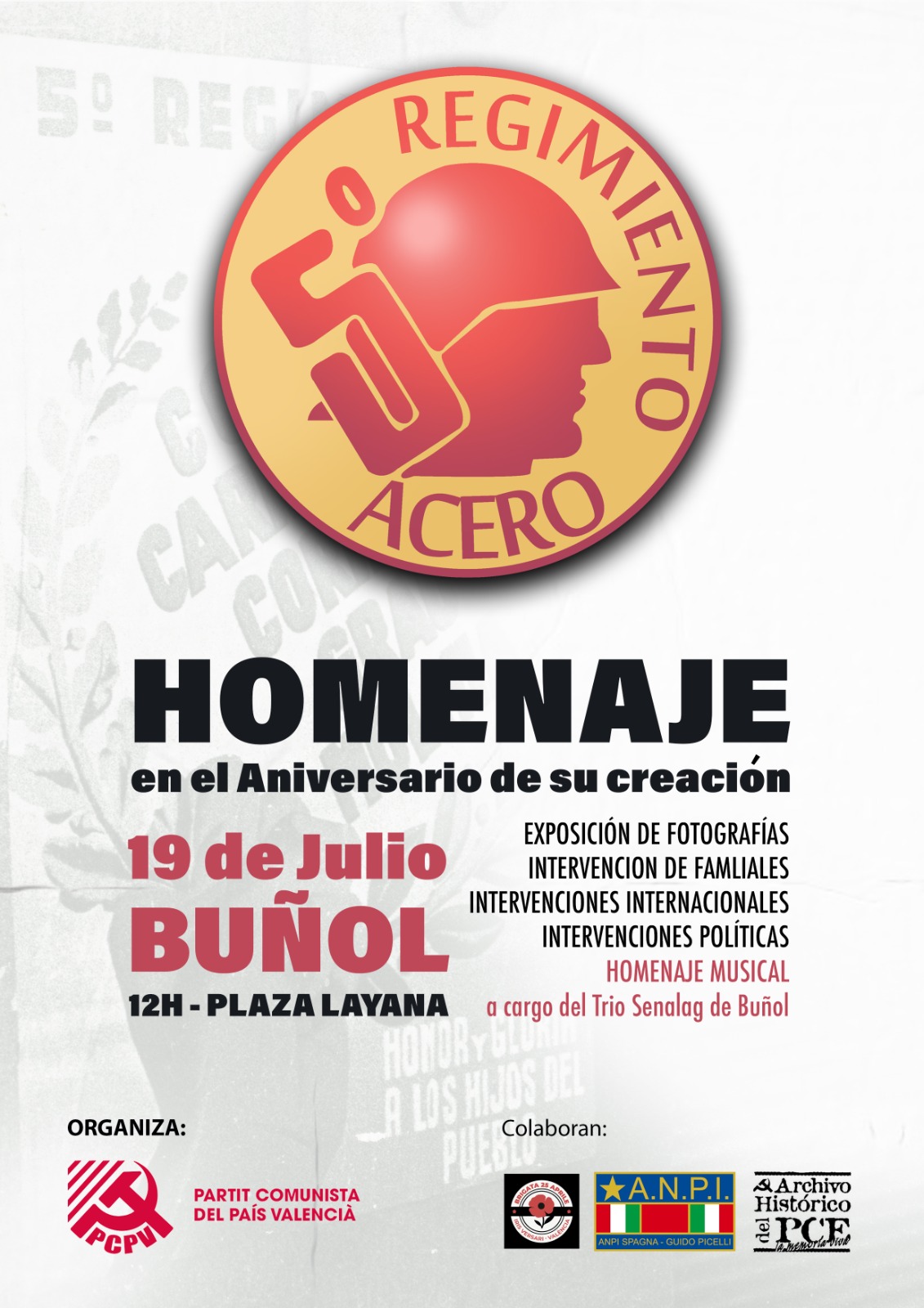 El PCPV rinde homenaje a los combatientes antifascistas en el aniversario del Quinto Regimiento con una exposición histórica y acto en Buñol